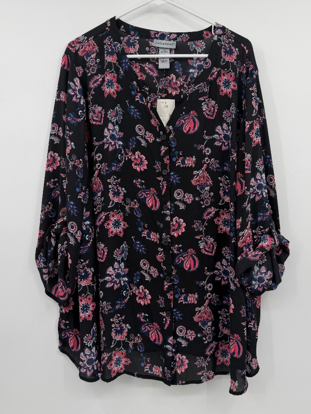 Catherines Top Women 3X NEW Black Pink Sheer Roll Tab Sleeve V Neck Lightweight - Picture 1 of 12